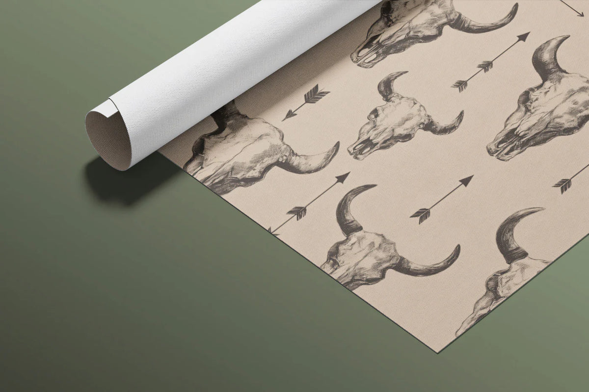 Vintage Cow Skull Western Mural Wallpaper —Rustic Beige Pattern Mural Wallpaper - room preview 03