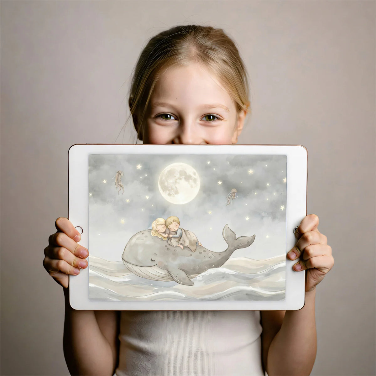 Sleeping Children on Whale Mural Wallpaper — Whimsical Night Sky Art Mural Wallpaper - room preview 03