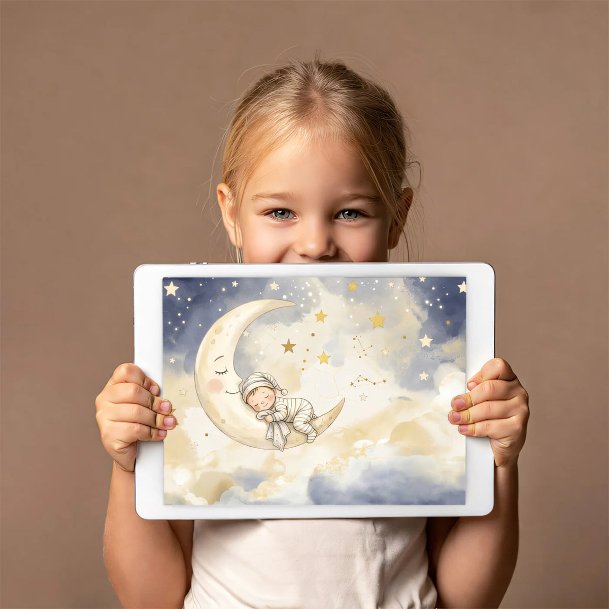 Sleeping Baby on Crescent Moon Mural Wallpaper — Whimsical Night Sky Mural Wallpaper - room preview 03