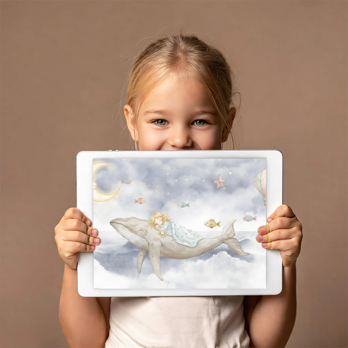 Sleeping Girl on Whale Mural Wallpaper — Whimsical Night Sky Art Mural Wallpaper - room preview 03