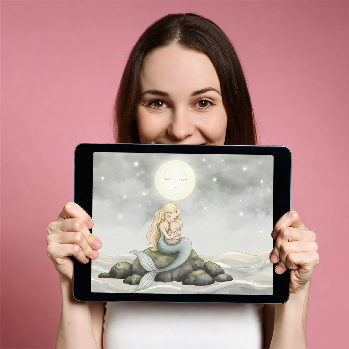 Mermaid Mother and Child Mural Wallpaper — Gentle Night Scene Mural Wallpaper - room preview 03
