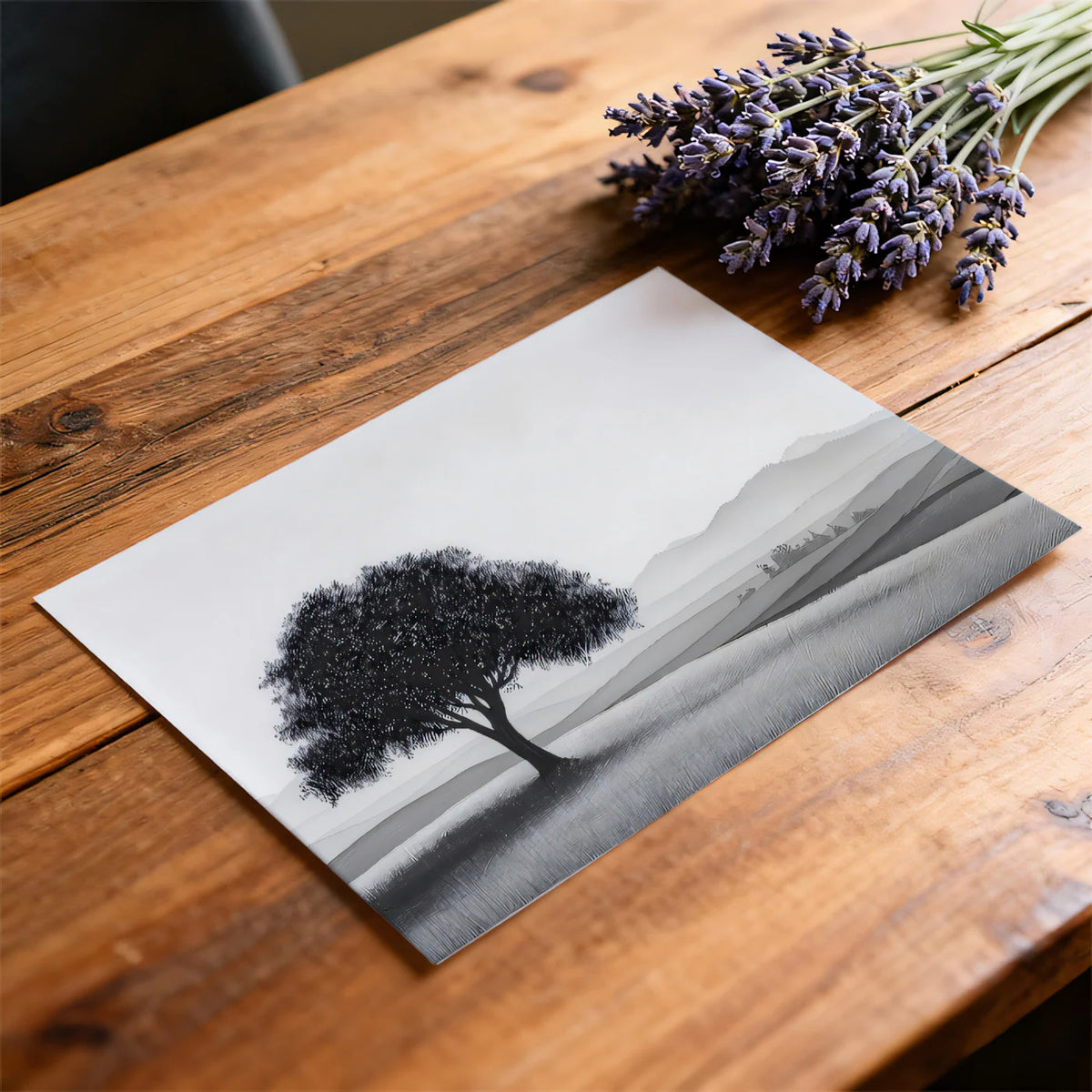 Solitary Tree Landscape Mural Wallpaper — Minimalist Monochrome Mural Wallpaper - room preview 03