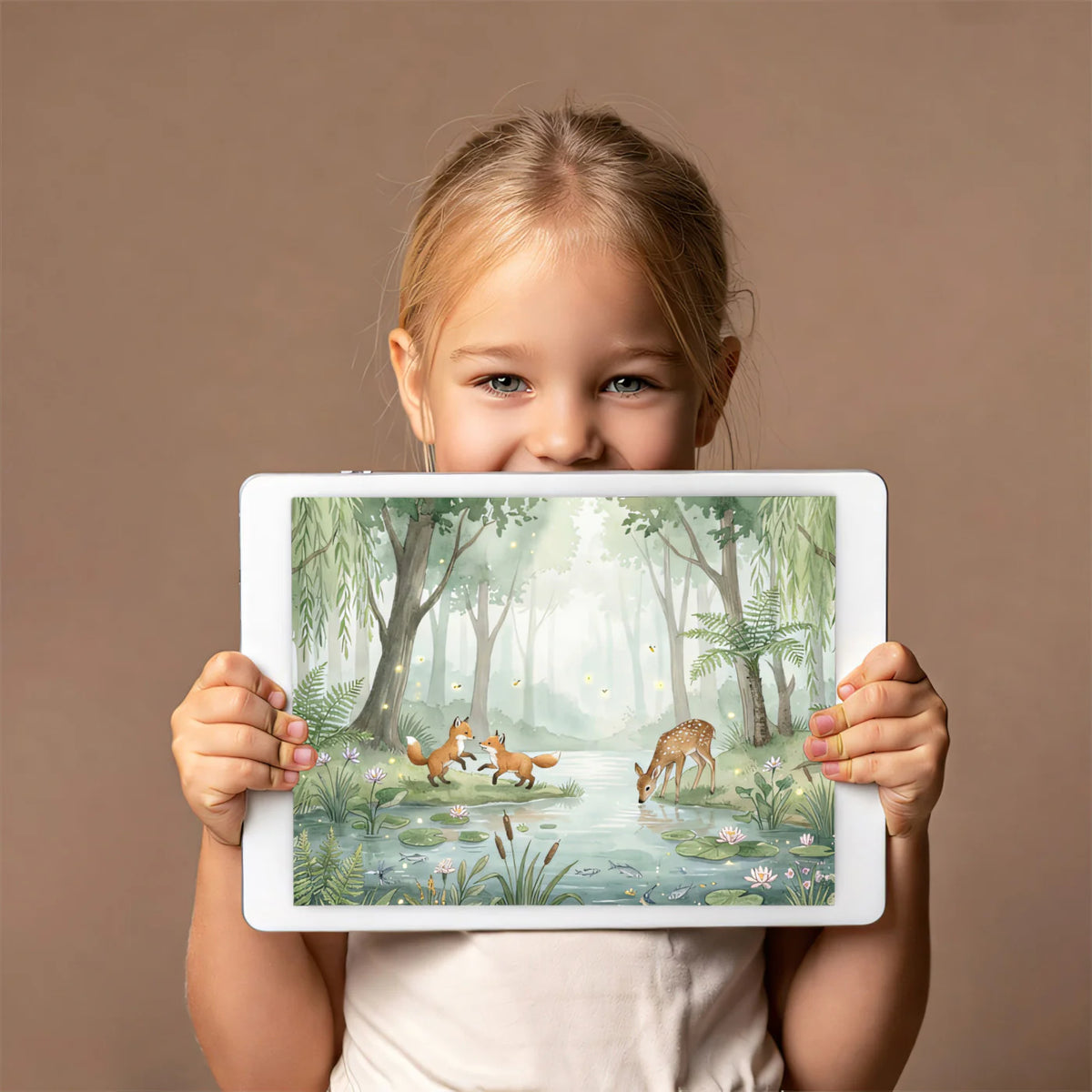 Watercolor Forest Friends Mural Wallpaper — Soft Woodland Scene Mural Wallpaper - room preview 03