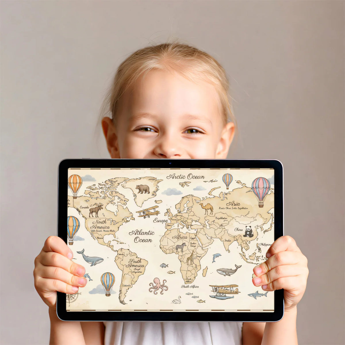 Vintage World Map Mural Wallpaper with Illustrated Animal Accents Mural Wallpaper - room preview 03