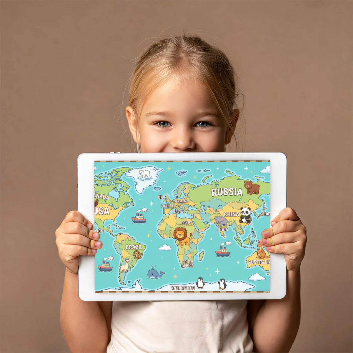 Educational World Map Mural Wallpaper with Cute Animals Mural Wallpaper - room preview 03