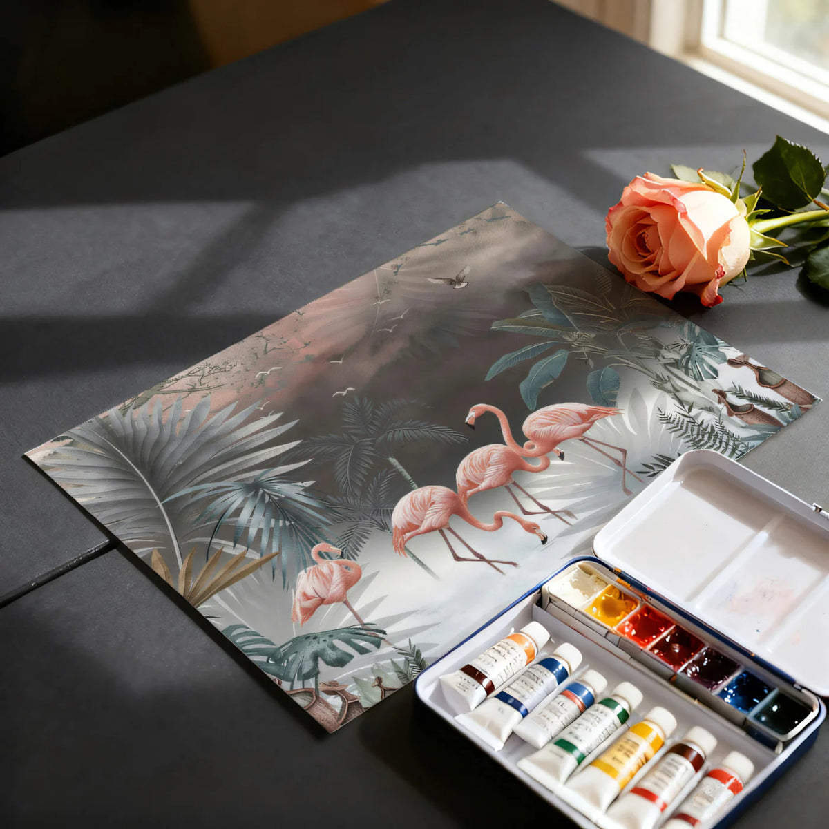 Pink Flamingo Jungle Mural Wallpaper — Moody Tropical Botanical Mural Wallpaper - room preview 03