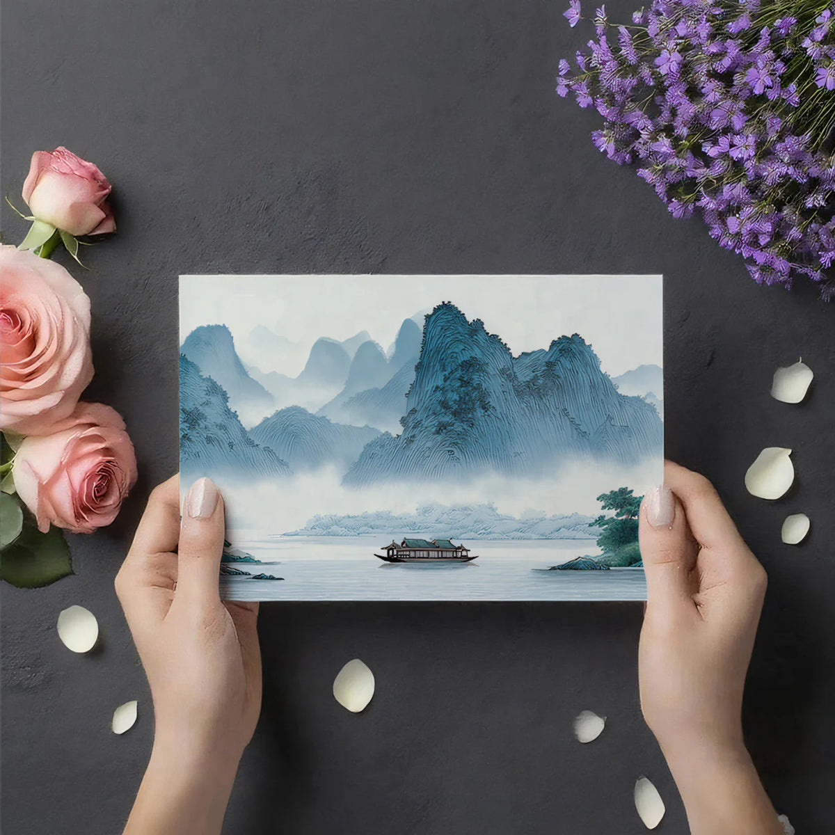 Misty Mountain Landscape Mural Wallpaper in Blue and Green Mural Wallpaper - room preview 03