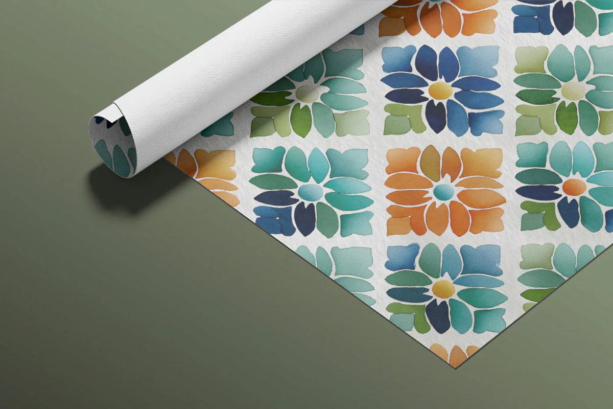 Geometric Floral Tile Mural Wallpaper —Vibrant Retro Mosaic Mural Wallpaper - room preview 03