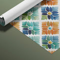 Geometric Floral Tile Mural Wallpaper —Vibrant Retro Mosaic Mural Wallpaper - room preview 03