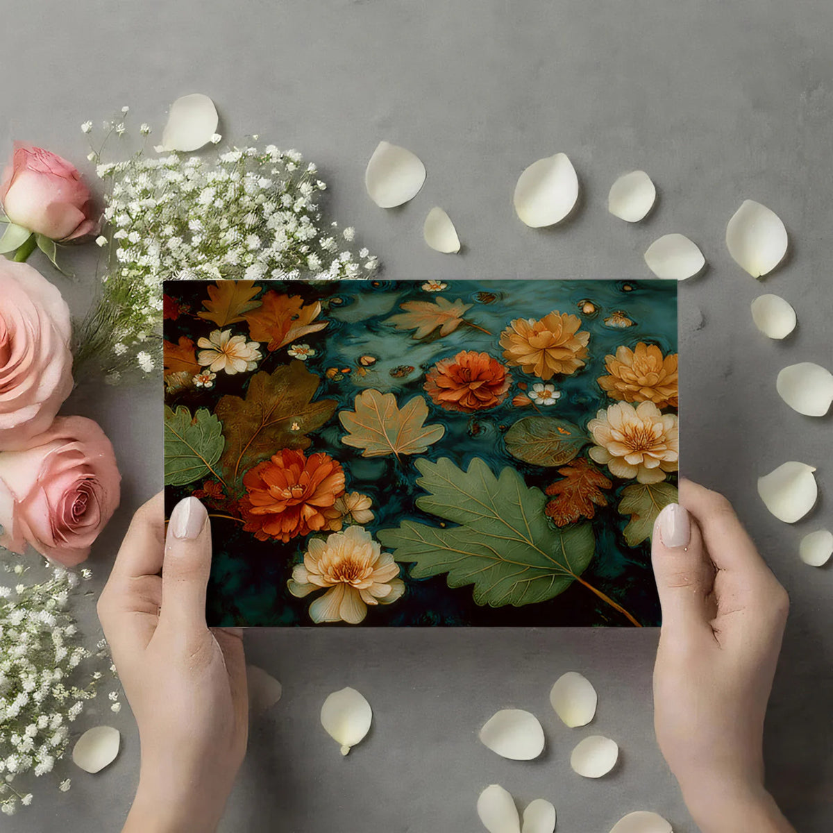 Floating Autumn Leaves and Floral Mural Wallpaper - room preview 03