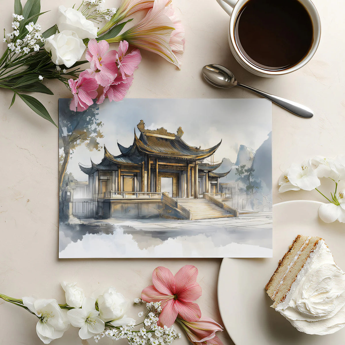 Traditional Chinese Palace Mural Wallpaper — Ink and Watercolor Art Mural Wallpaper - room preview 03