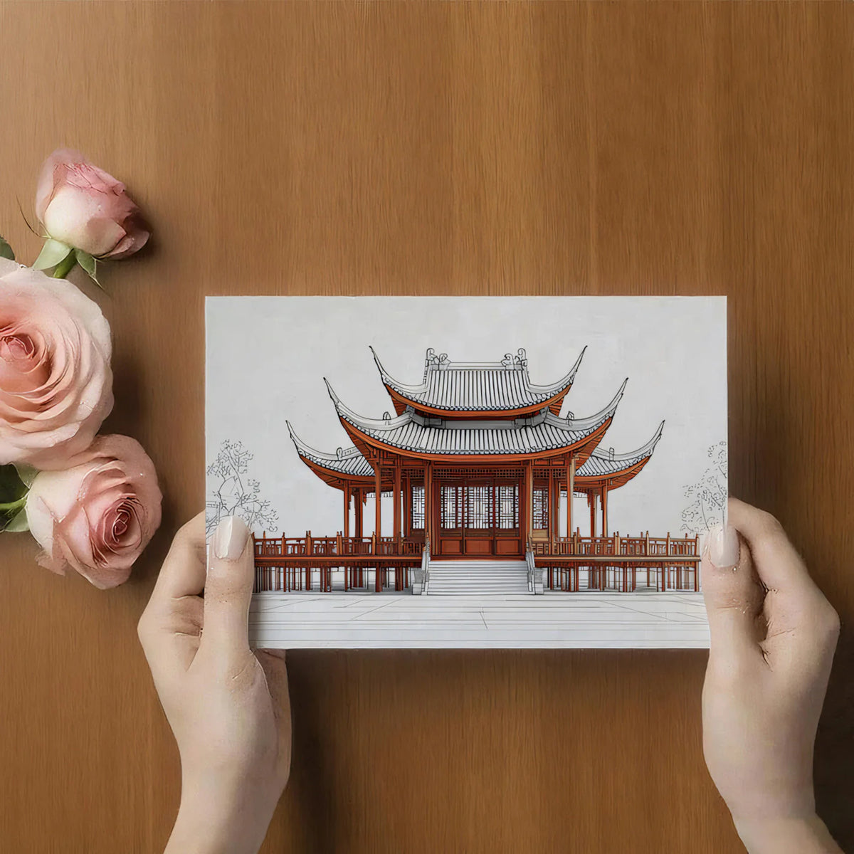 Chinese Pavilion Architectural Sketch Mural Wallpaper in Burnt Red Mural Wallpaper - room preview 03