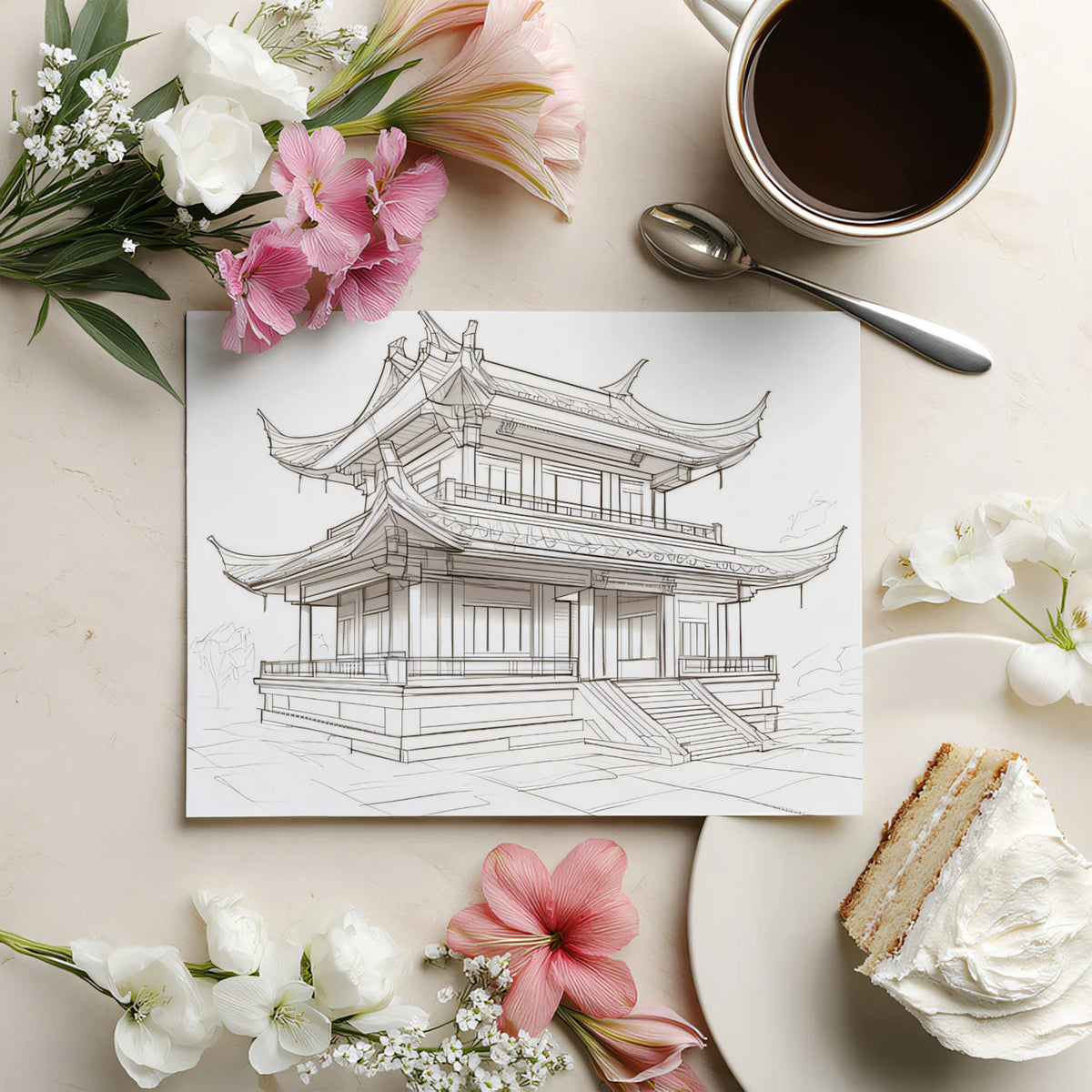 Traditional Chinese Pavilion Architectural Sketch Mural Wallpaper - room preview 03