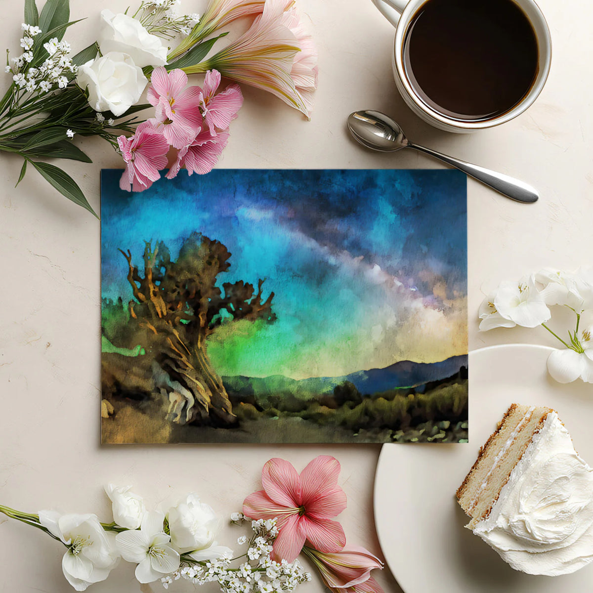 Gnarled Ancient Tree Starry Sky Mural Wallpaper — Artistic Night Mural Wallpaper - room preview 03