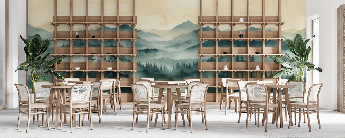 Misty Mountain Lake Mural Wallpaper — Watercolor Landscape Mural Wallpaper - room preview 03
