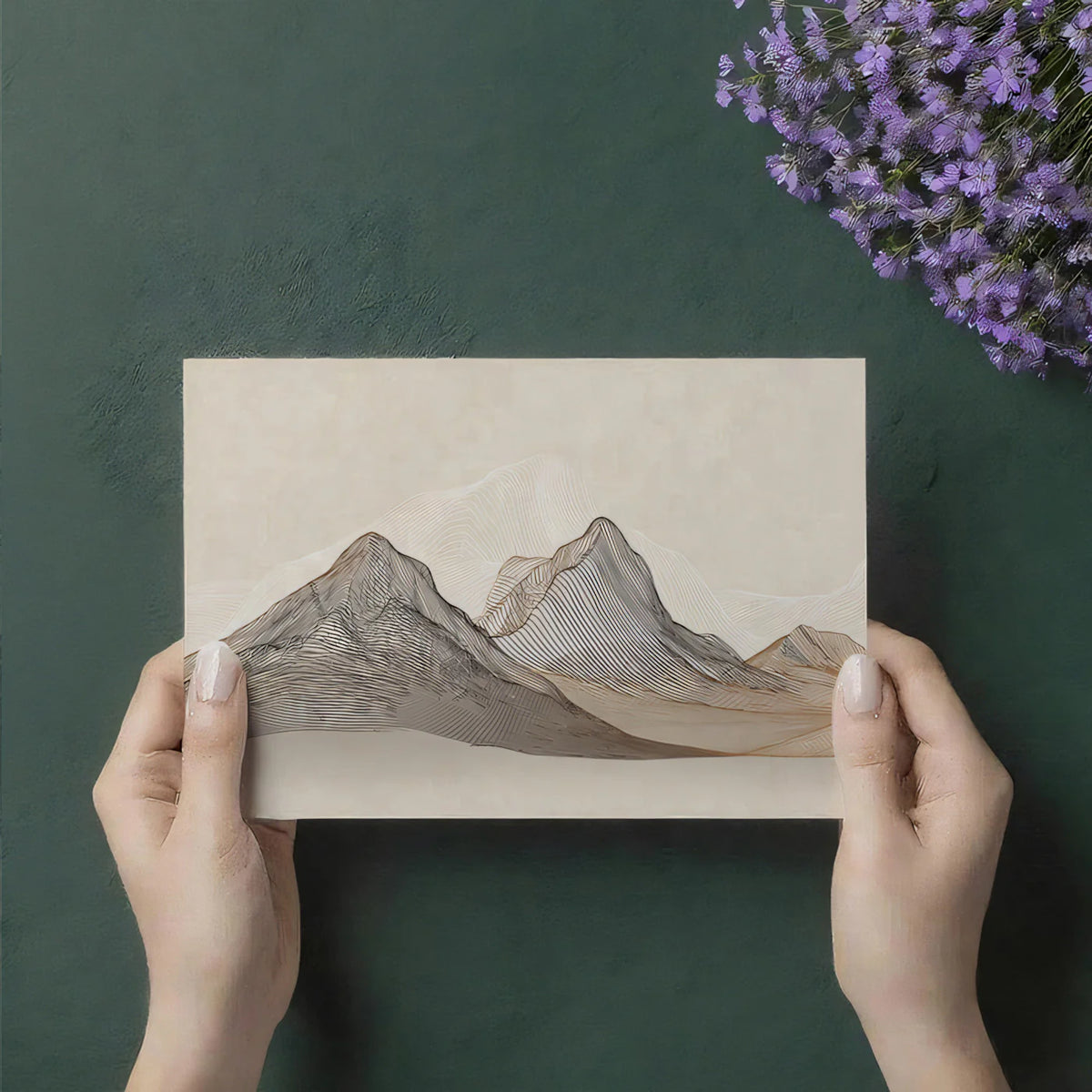 Topographic Mountain Line Art Mural Wallpaper — Beige Minimalist Mural Wallpaper - room preview 03