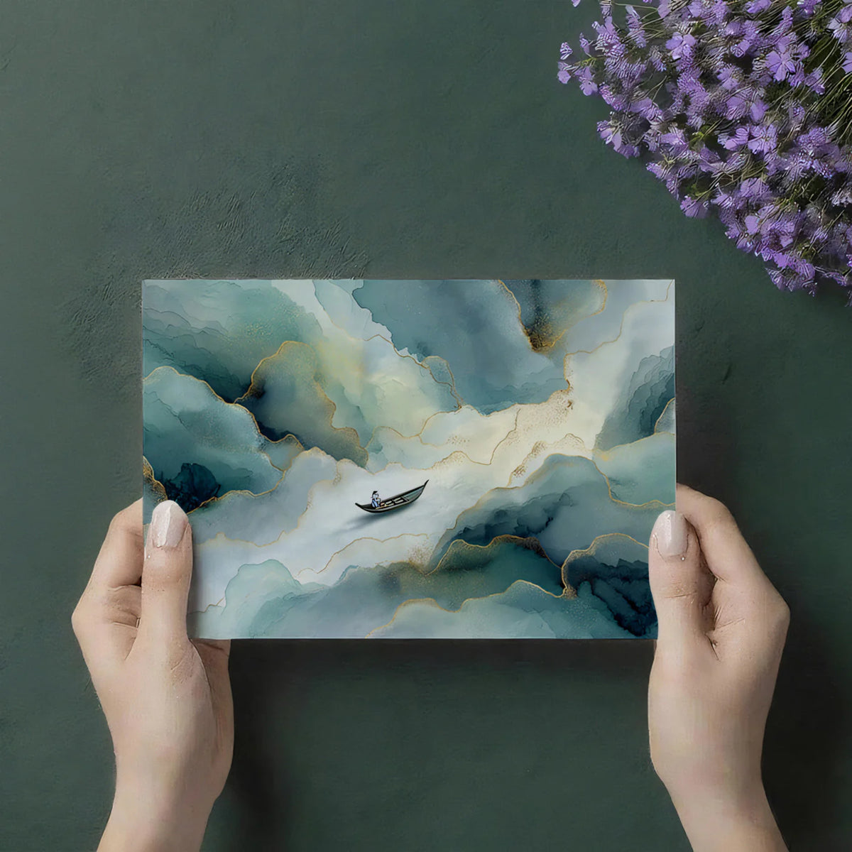 Abstract Teal Ink and Gold Boat Mural Wallpaper - room preview 03