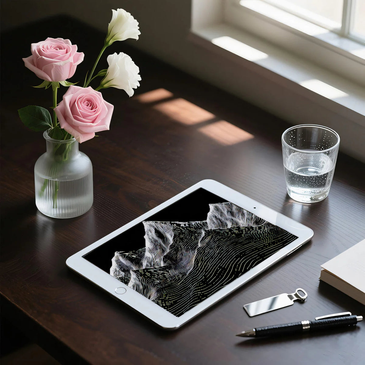 Topographic Mountain Line Art Mural Wallpaper — Monochrome Graphic Mural Wallpaper - room preview 03