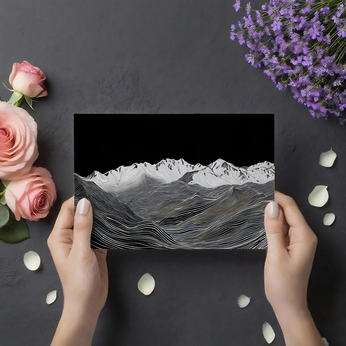 Topographic Mountain Line Art Mural Wallpaper — Monochrome Horizon Mural Wallpaper - room preview 03