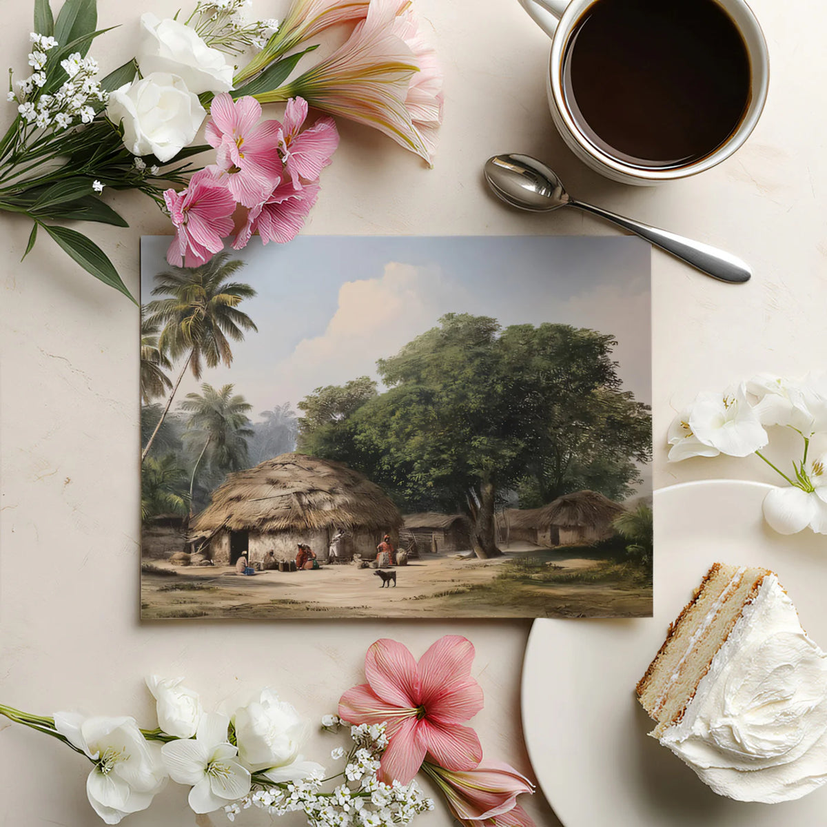 Vintage Tropical Village Mural Wallpaper — Colonial Landscape Art Mural Wallpaper - room preview 03
