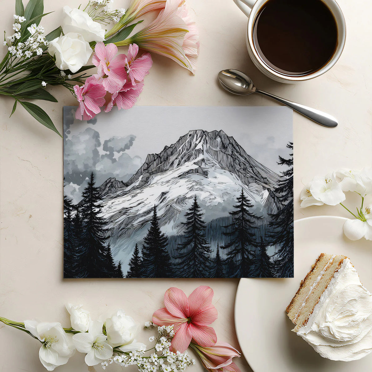 Alpine Ink Sketch Mountain Mural Wallpaper — Monochrome Nature Art Mural Wallpaper - room preview 03