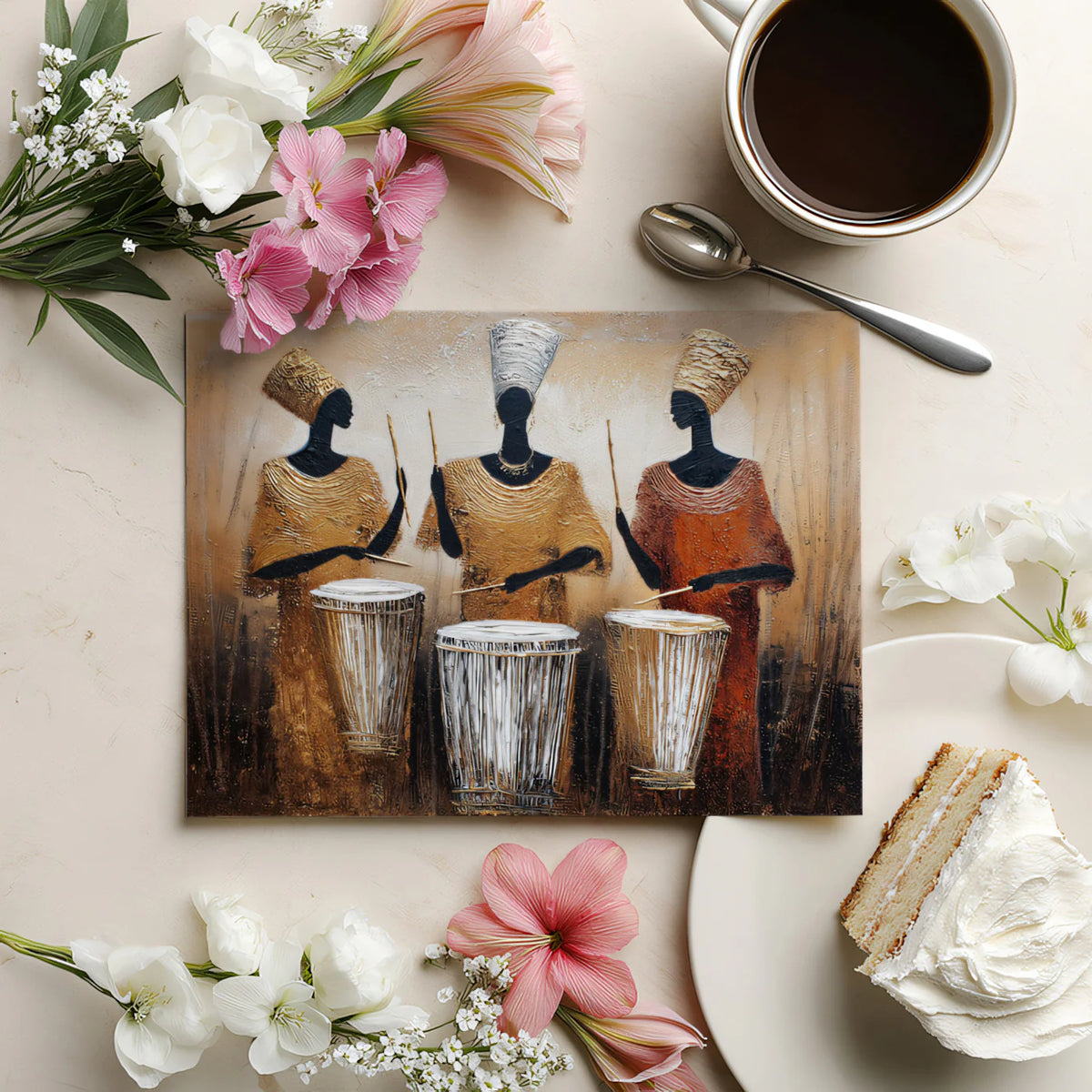 African Rhythm Drummers Mural Wallpaper — Textured Oil Painting Art Mural Wallpaper - room preview 03
