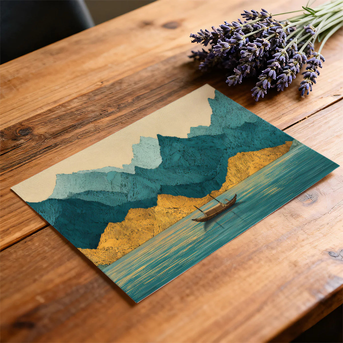 Teal and Ochre Mountain Lake Mural Wallpaper — Stylized Landscape Mural Wallpaper - room preview 03