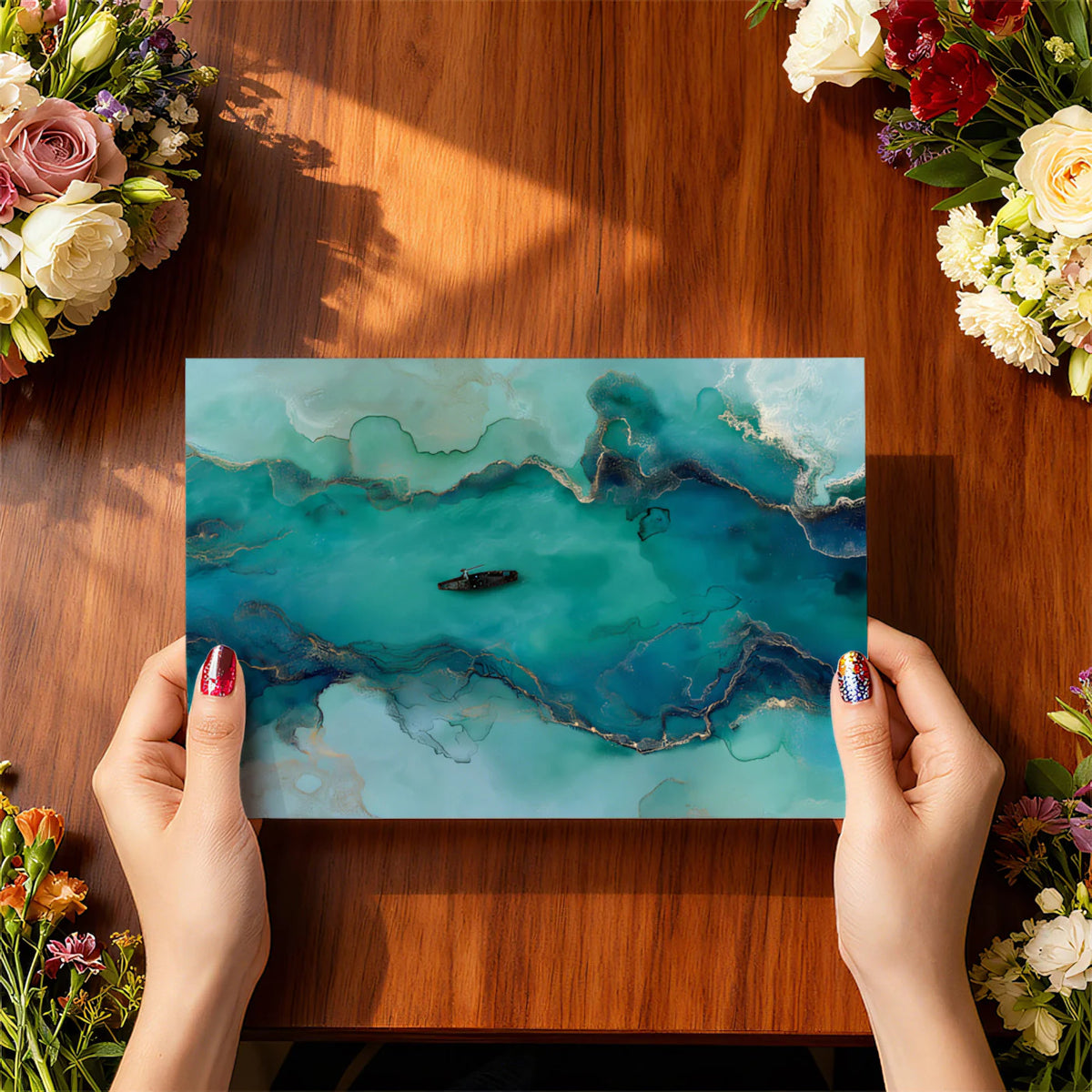 Teal Fluid Ink and Gold Vein Mural Wallpaper — Modern Coastal Art Mural Wallpaper - room preview 03