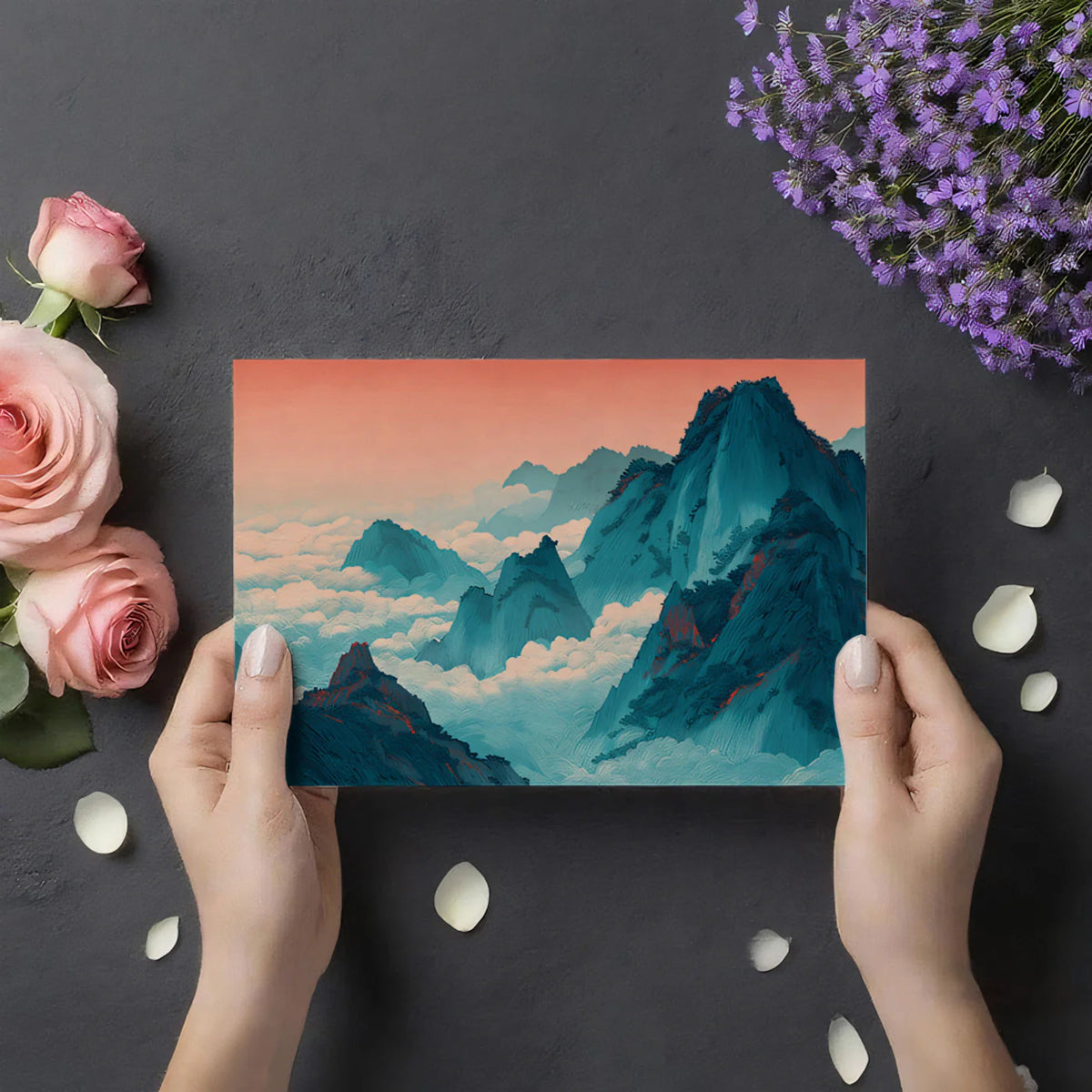 Teal Mountain Peaks Mural Wallpaper — Ethereal Sunset Landscape Mural Wallpaper - room preview 03