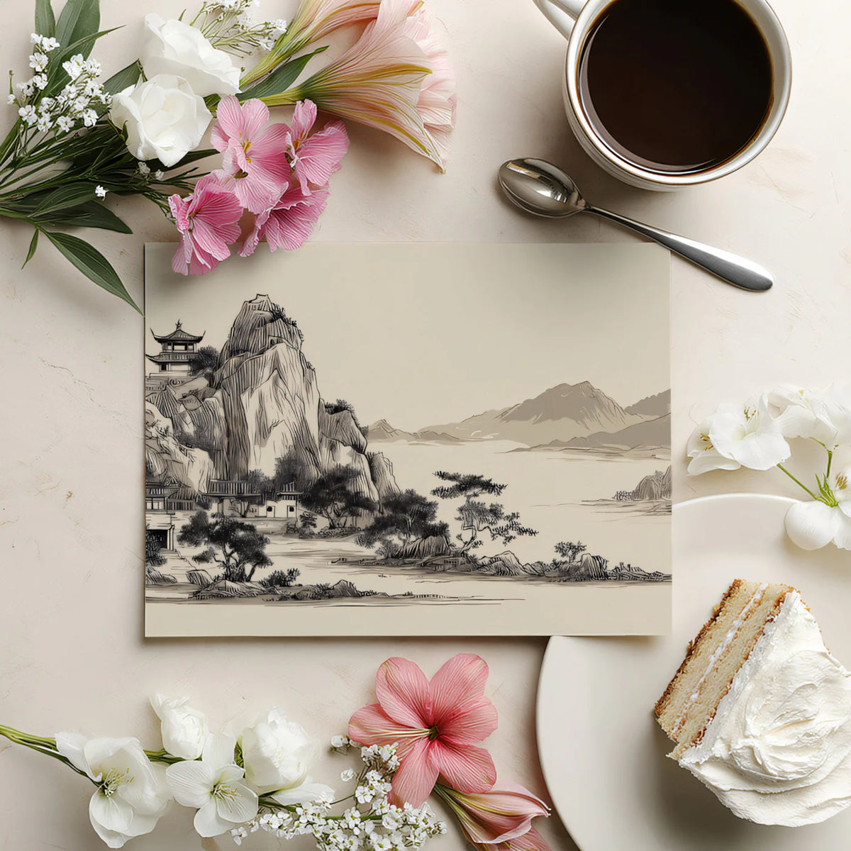 Zen Mountain Pavilion Mural Wallpaper — Traditional Ink Wash Style Mural Wallpaper - room preview 03