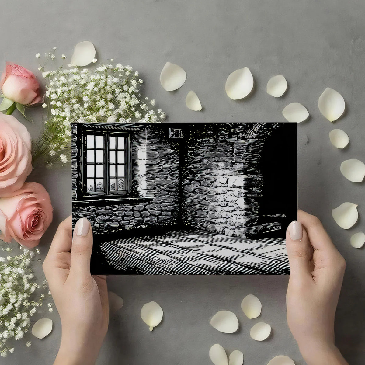 Rustic Stone Sketch Mural Wallpaper — Monochrome Shadow Art Mural Wallpaper - room preview 03