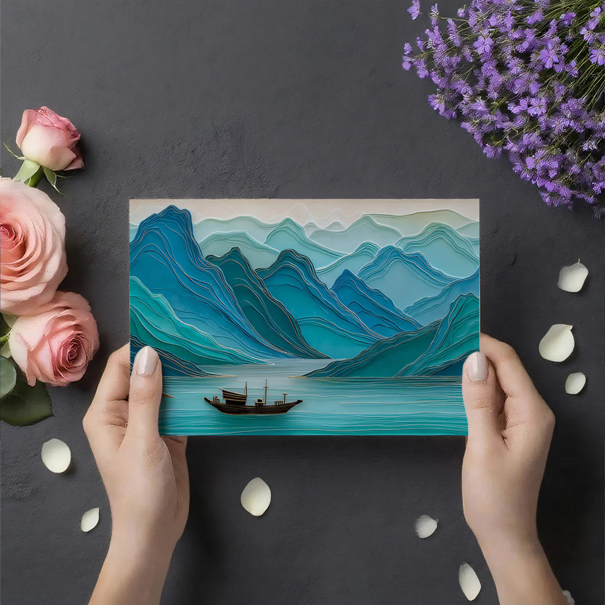 Layered Blue Mountainscape Mural Wallpaper — Modern Relief Art Mural Wallpaper - room preview 03