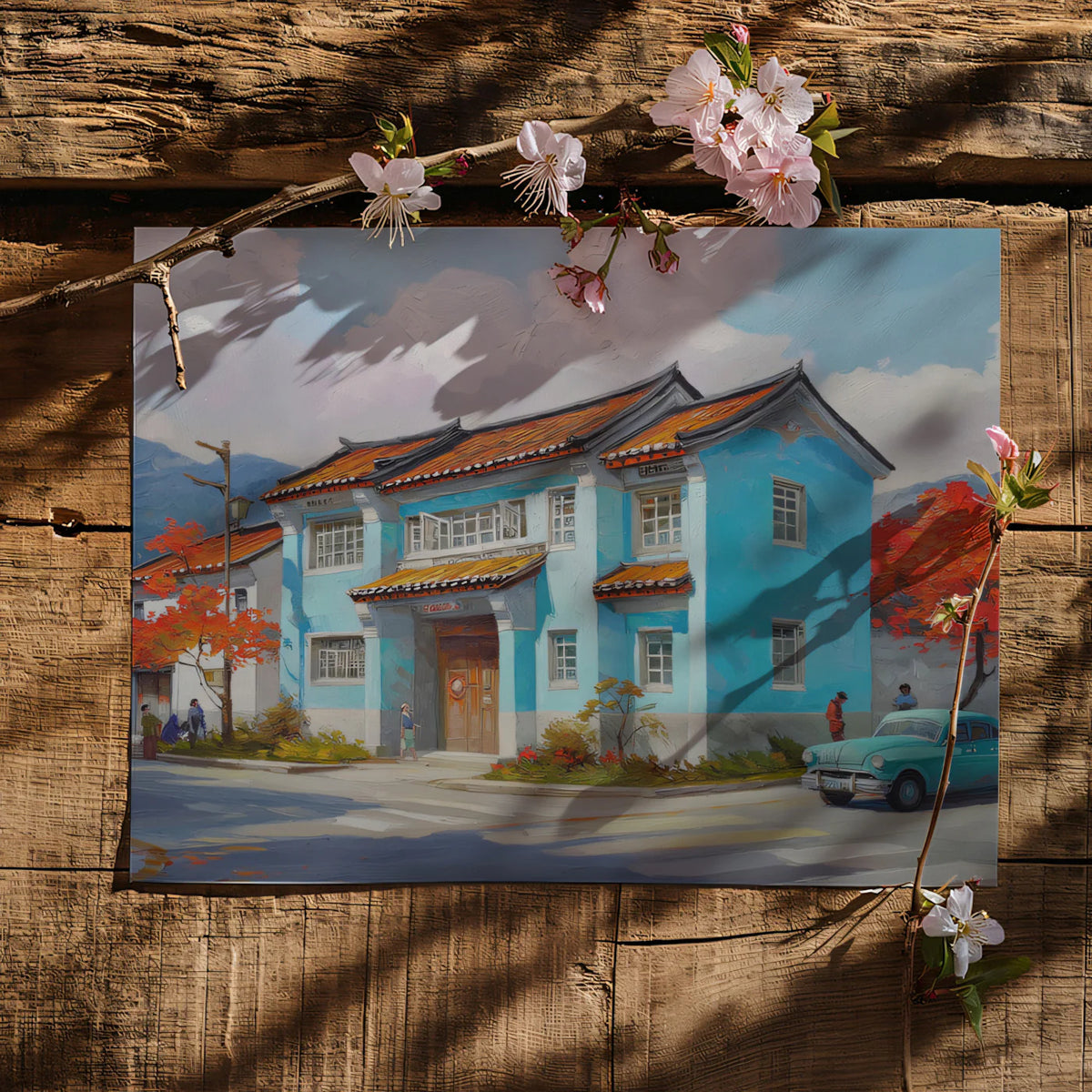 Heritage Village Street Mural Wallpaper — Nostalgic Oil Painting Mural Wallpaper - room preview 03