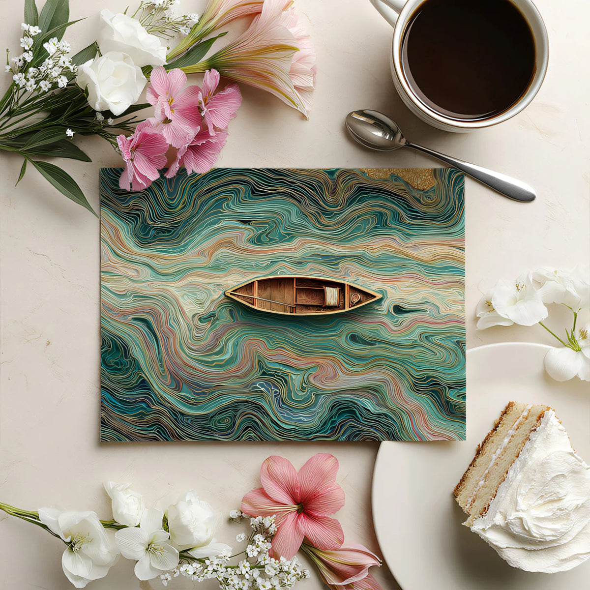 Floating River Abstract Mural Wallpaper — Teal and Gold Swirls Mural Wallpaper - room preview 03