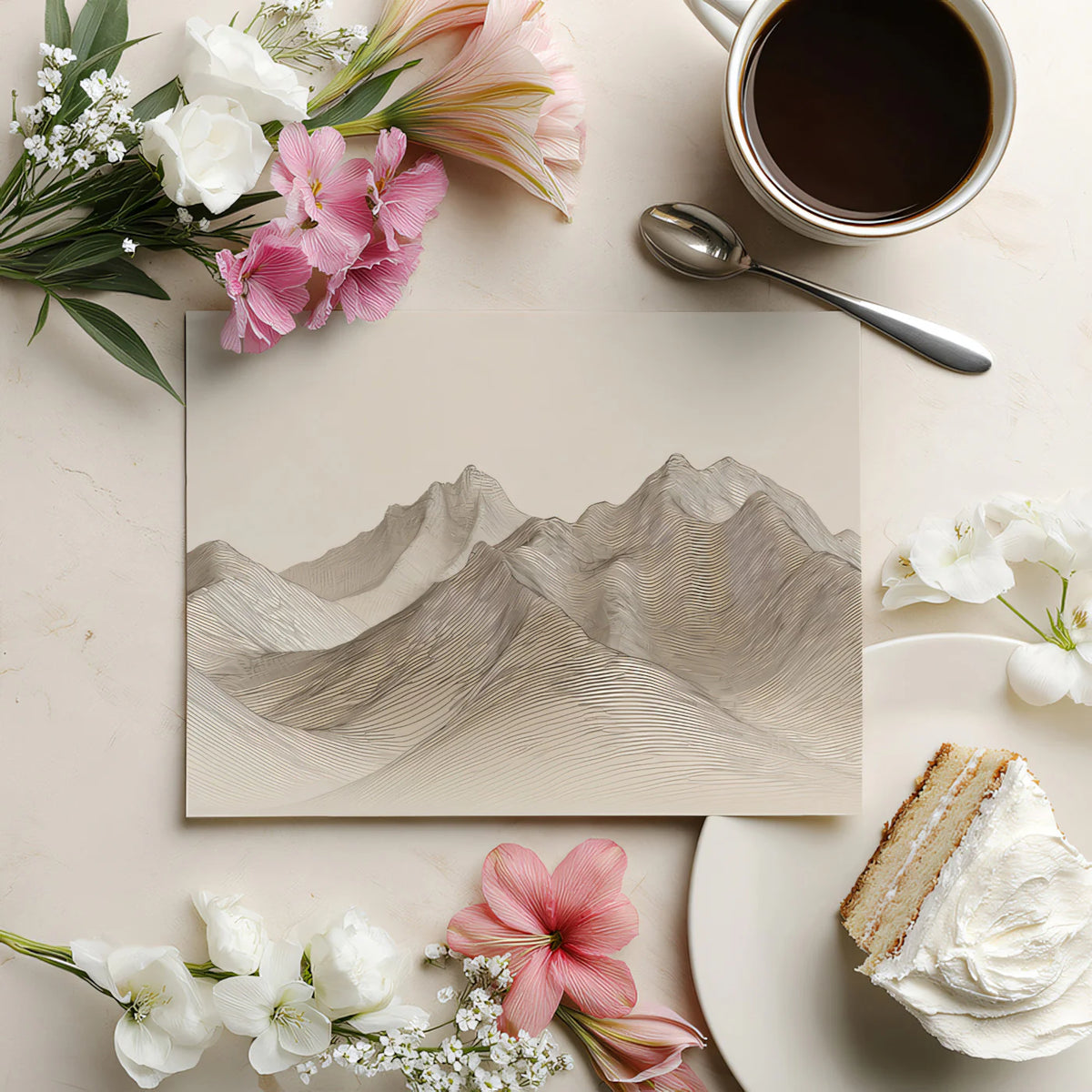 Topographical Mountain Line Art Mural — Neutral Minimalist Design Mural Wallpaper - room preview 03