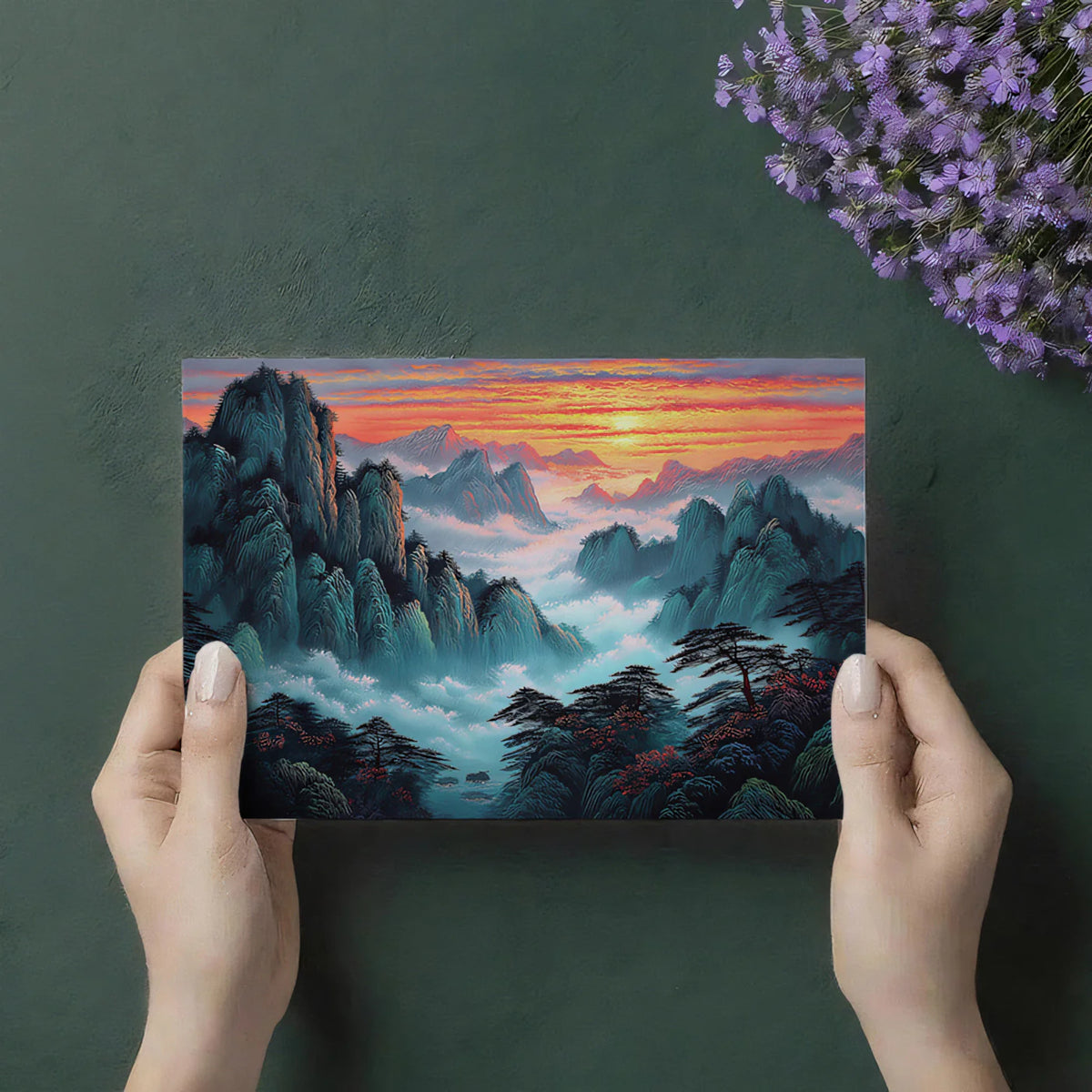 Misty Sunset Mountain Peaks Mural Wallpaper — Painterly Nature Scene Mural Wallpaper - room preview 03