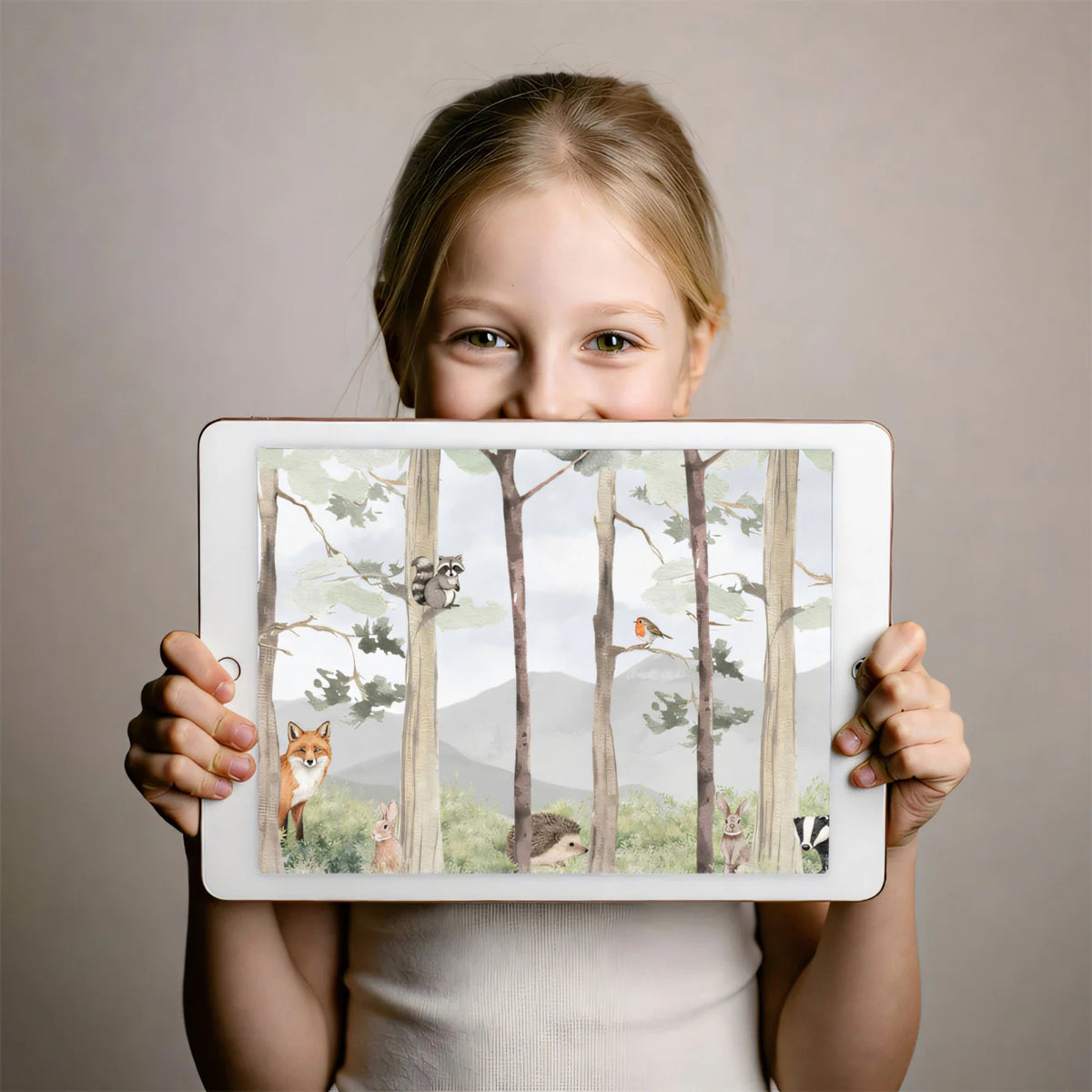 Watercolor Forest Friends Mural Wallpaper — Soft Woodland Scene Mural Wallpaper - room preview 03