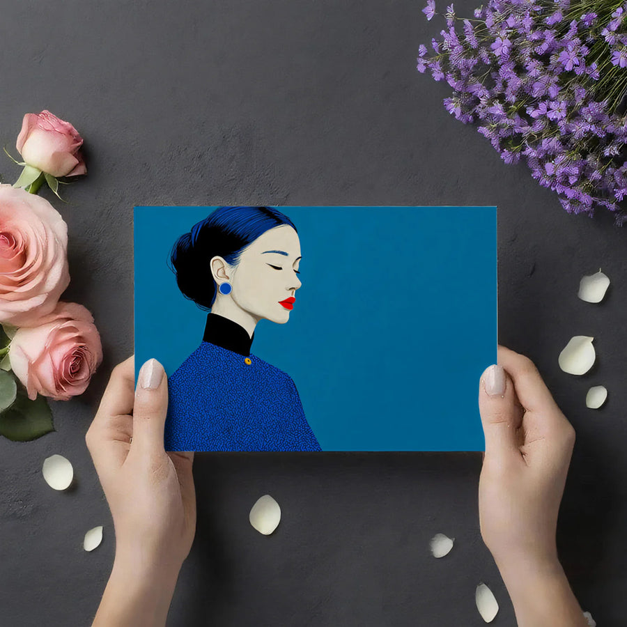Abstract Wallpaper Mural – Modern Art Wall Mural – Minimalist Cheongsam Portrait Mural — Modern Blue Art
