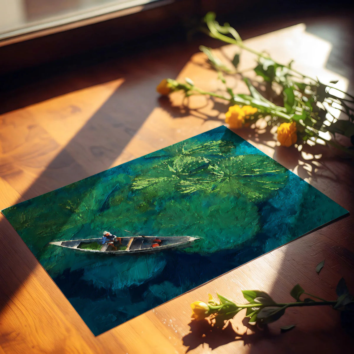 Impressionist Lily Pad Boat Mural Wallpaper — Aerial Pond Design Mural Wallpaper - room preview 03