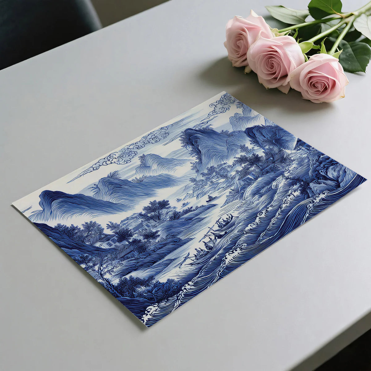Cobalt Blue Chinoiserie Landscape Mural Wallpaper - room preview 03