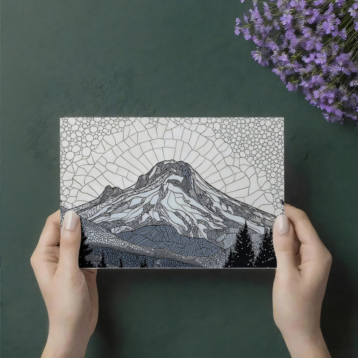 Stained Glass Alpine Peak Mural — Monochrome Mosaic Landscape Mural Wallpaper - room preview 03