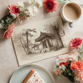 Asian Temple Sketch Mural Wallpaper — Vintage Sepia Architectural Art Mural Wallpaper - room preview 03