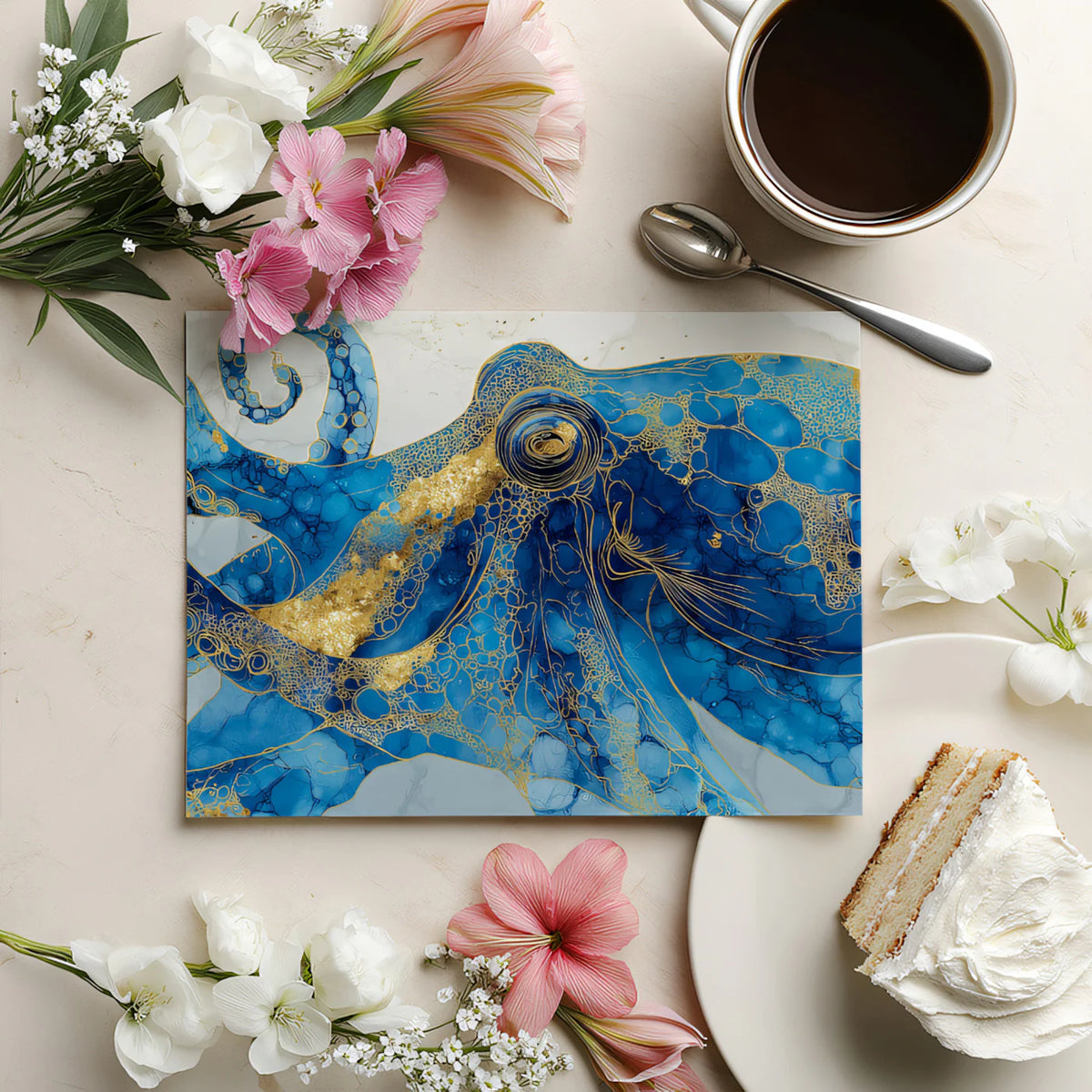 Abstract Octopus Mural Wallpaper in Marine Blue and Gold Leaf Mural Wallpaper - room preview 03