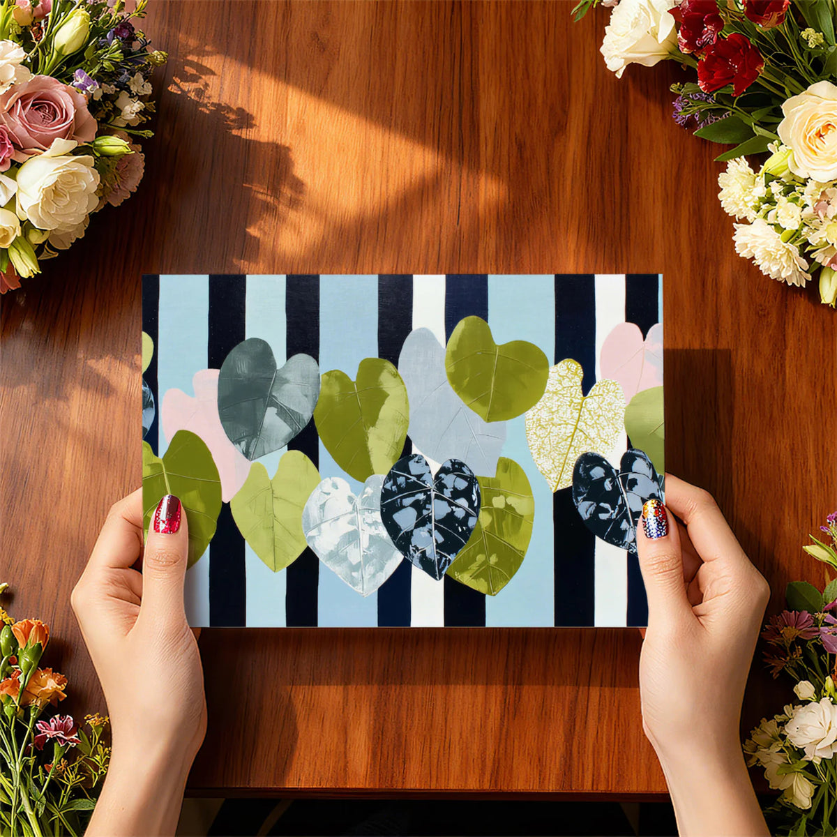 Heart Leaf Botanical Mural Wallpaper — Modern Navy Stripe Pattern Mural Wallpaper - room preview 03