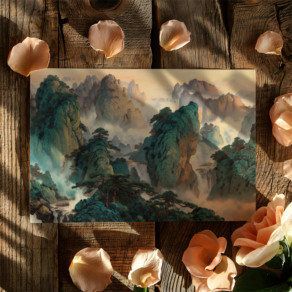 Emerald Mountain Peaks Mural Wallpaper — Traditional Zen Landscape Mural Wallpaper - room preview 03