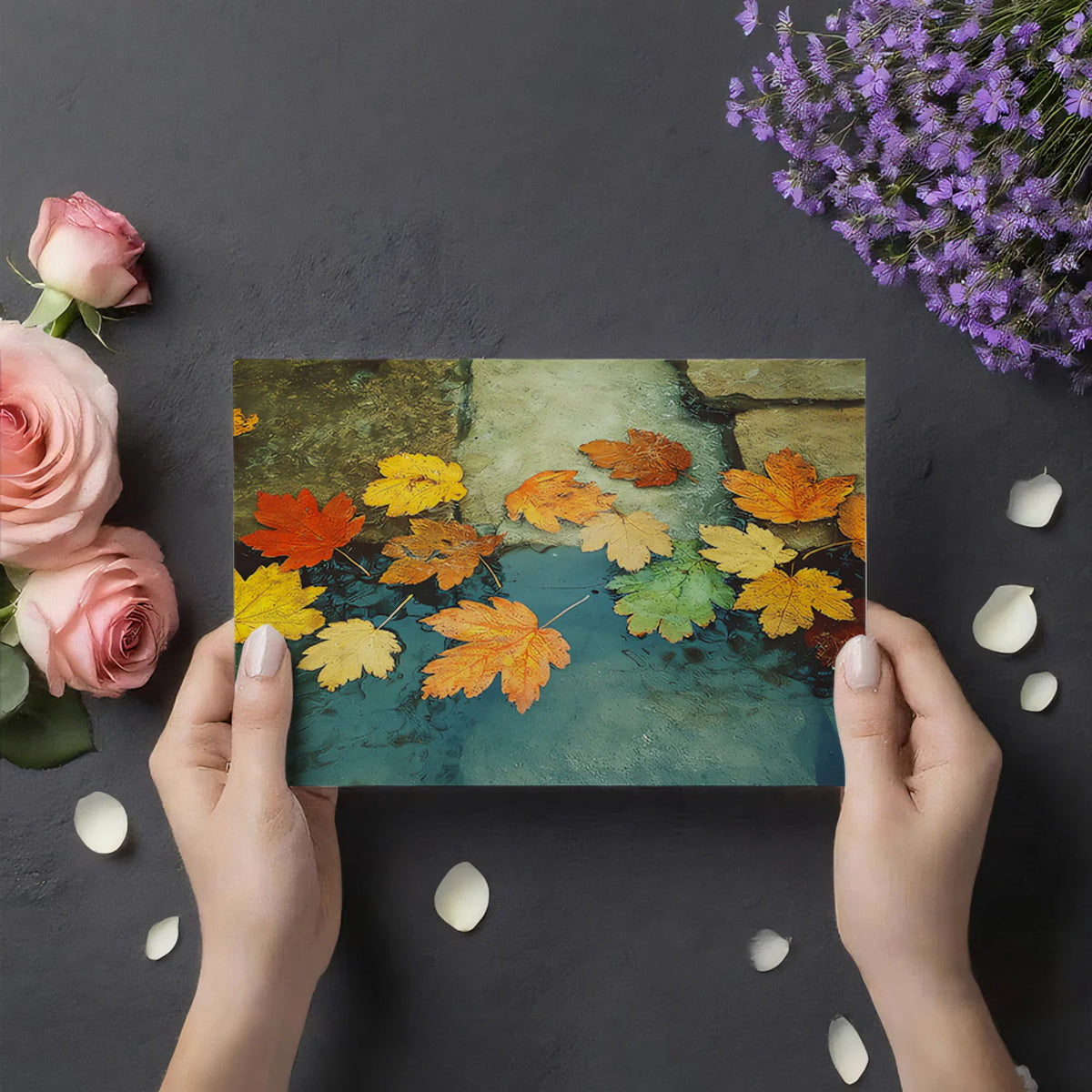 Autumn Maple Leaf Water Mural Wallpaper — Seasonal Nature Decor Mural Wallpaper - room preview 03