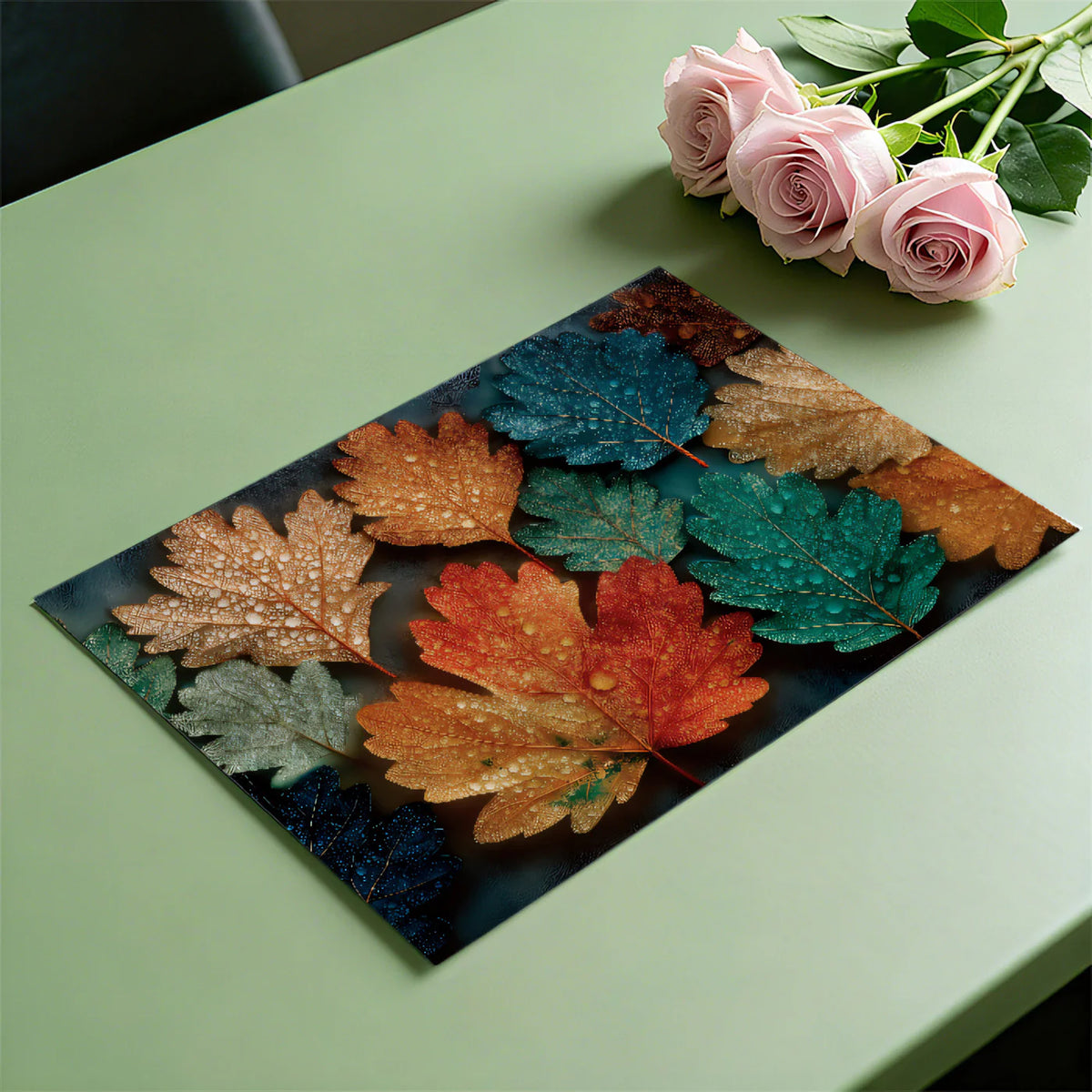 Autumn Dew Leaves Mural Wallpaper — Moody Botanical Pattern Mural Wallpaper - room preview 03