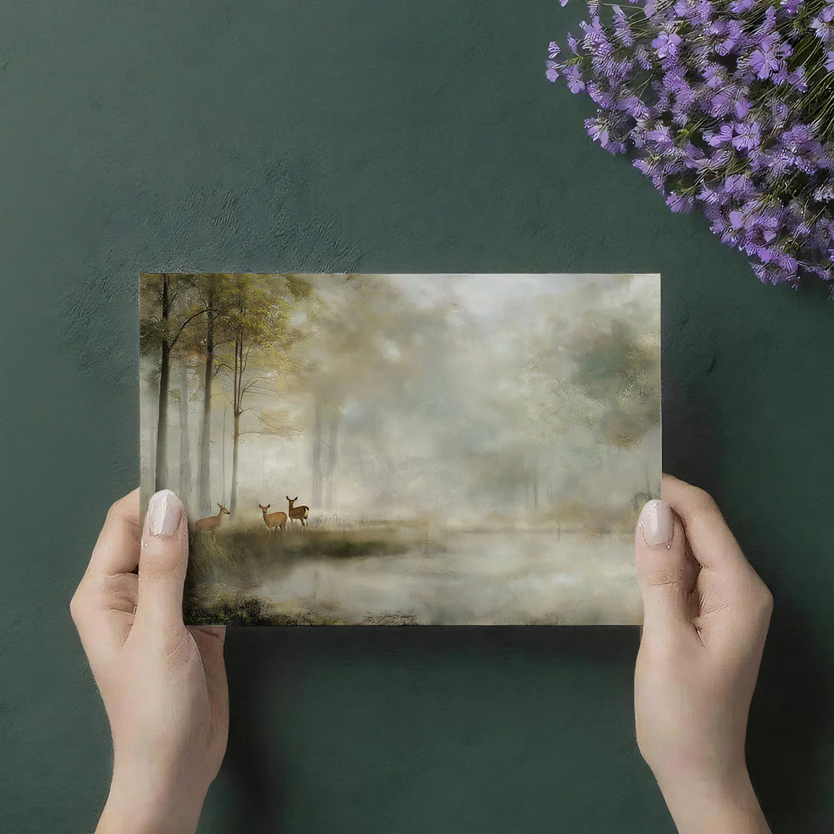 Misty Morning Deer Forest Mural Wallpaper — Impressionistic Nature Mural Wallpaper - room preview 03