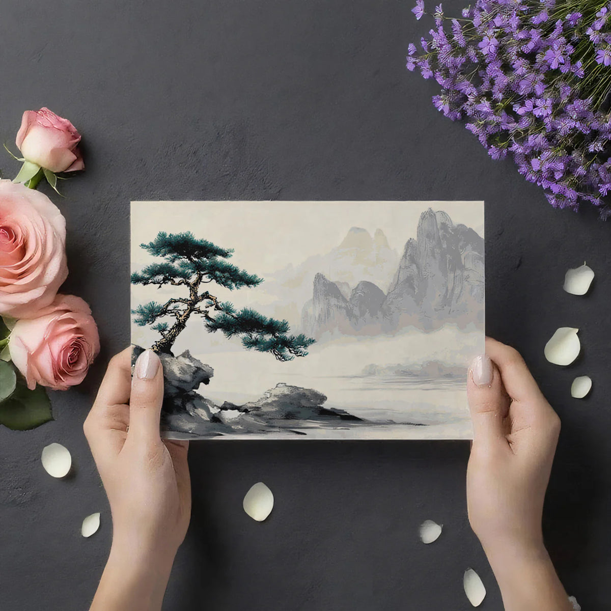 Misty Pine Peak Mural Wallpaper — Traditional Ink Landscape Mural Wallpaper - room preview 03