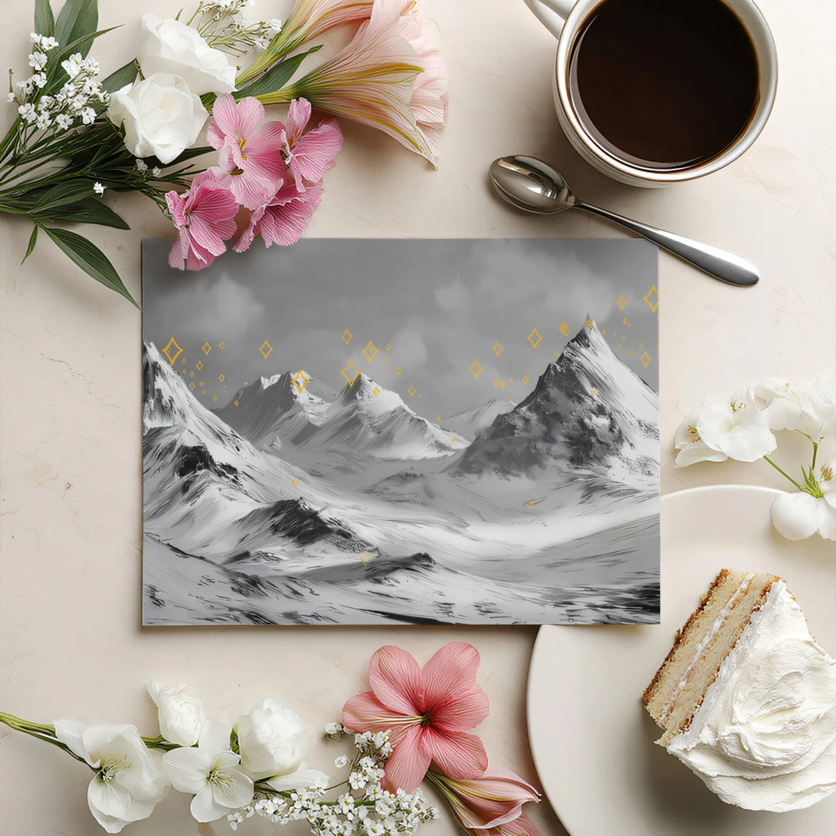 Starry Mountain Landscape Mural Wallpaper — Monochrome Artistic Decor Mural Wallpaper - room preview 03